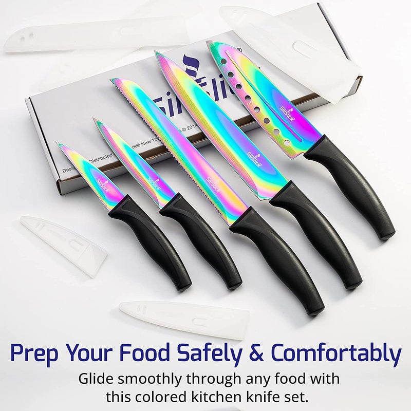 SiliSlick Kitchen Knife Set, Rainbow Titanium Coated Stainless Steel, Ergonomic Red Handle, Chef, Santoku, Paring, Utility, Bread Knives, Protective Covers, 14" x 4.5" (5-Piece) - Image 2